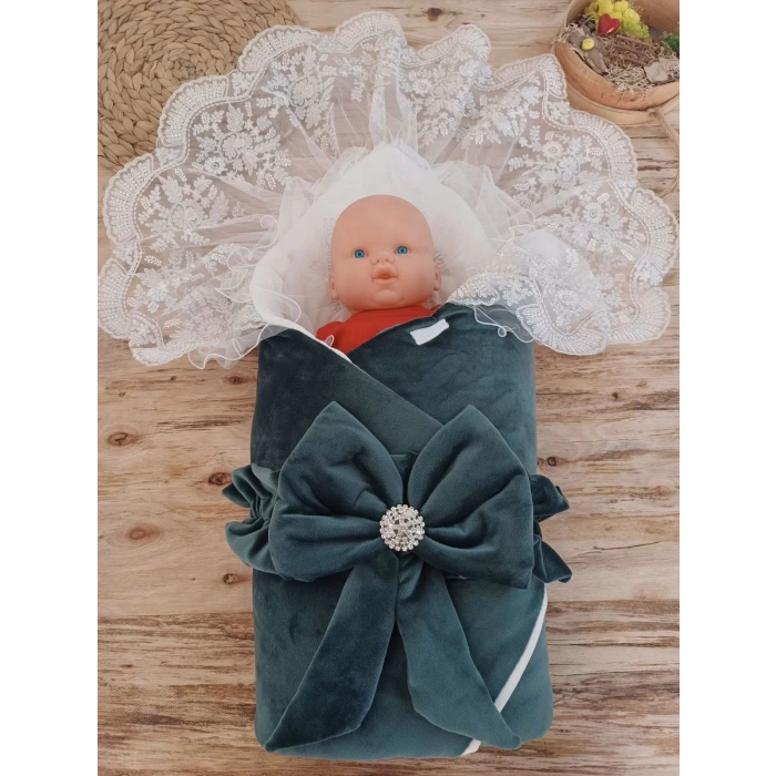 Eterelle Yenidoğan Saray Kadife Taç Nakışlı İnci Fiyonklu Dantel Duvak Trilüks Kundak Bebek Battaniye Yeşil