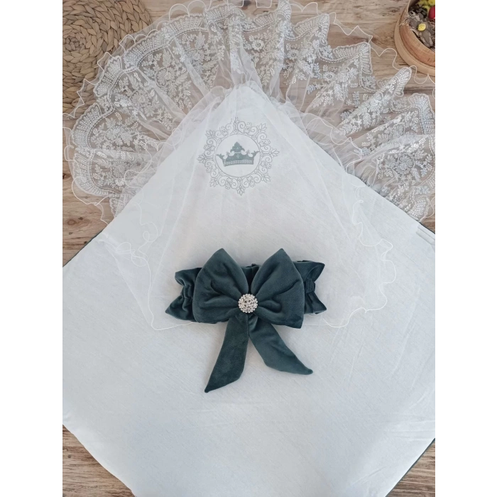 Eterelle Yenidoğan Saray Kadife Taç Nakışlı İnci Fiyonklu Dantel Duvak Trilüks Kundak Bebek Battaniye Yeşil