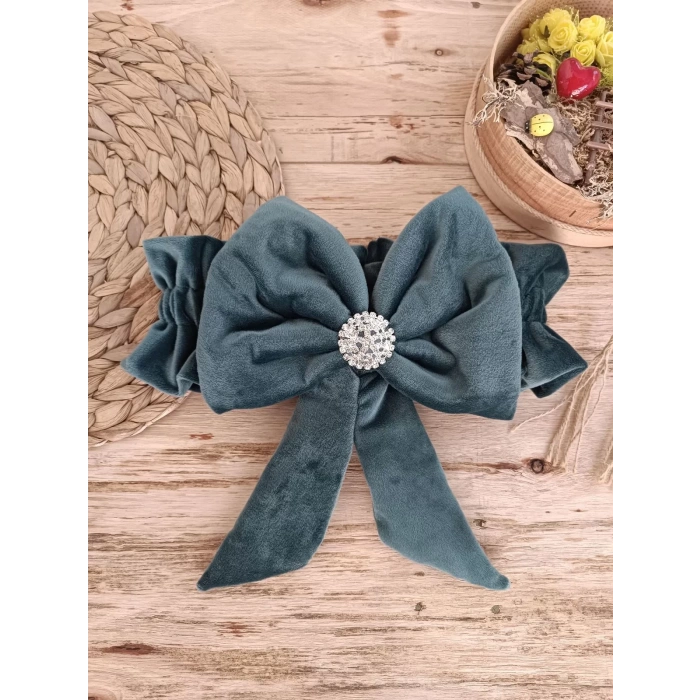 Eterelle Yenidoğan Saray Kadife Taç Nakışlı İnci Fiyonklu Dantel Duvak Trilüks Kundak Bebek Battaniye Yeşil