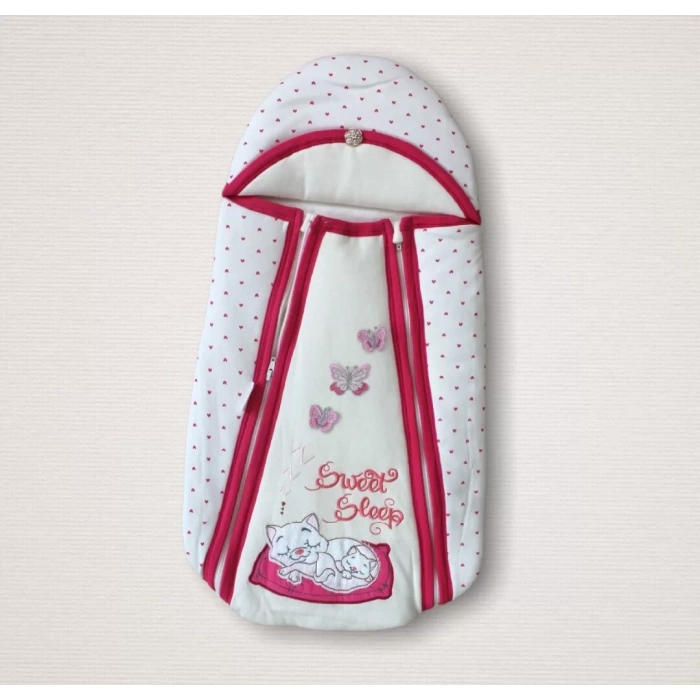 Eterelle Yenidoğan Sevimli Uykucu Kedi Nakışlı Şapkalı Çift Fermuarlı Kız Bebek Kundak Bebek Battaniyesi Pembe