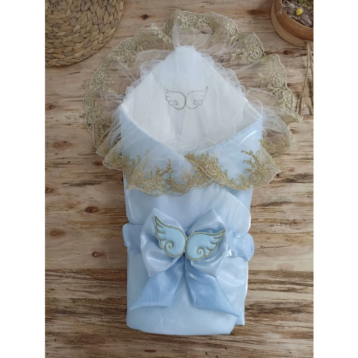 Eterelle Yenidoğan Shine Kumru Melek Kanat Fiyonklu Gold Dantel Duvaklı Delüks Kundak Bebek Battaniyesi Mavi