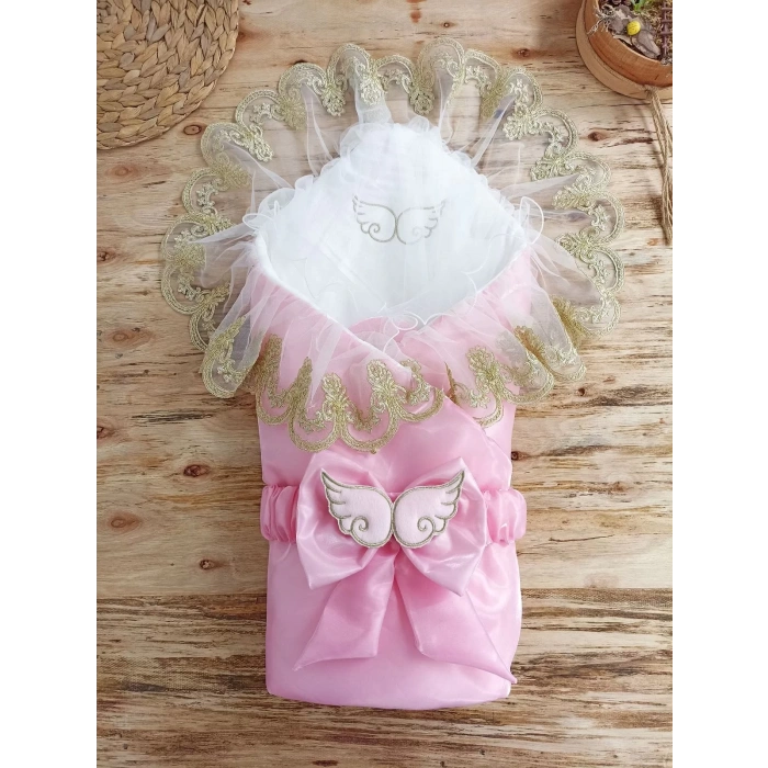 Eterelle Yenidoğan Shine Kumru Melek Kanat Fiyonklu Gold Dantel Duvaklı Delüks Kundak Bebek Battaniyesi Pembe