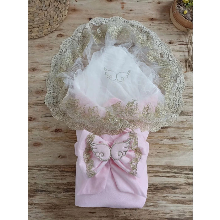 Eterelle Yenidoğan Soft Kumru Melek Kanat Fiyonklu Gold Çift Dantel Duvaklı Trilüks Kundak Bebek Battaniyesi Pembe