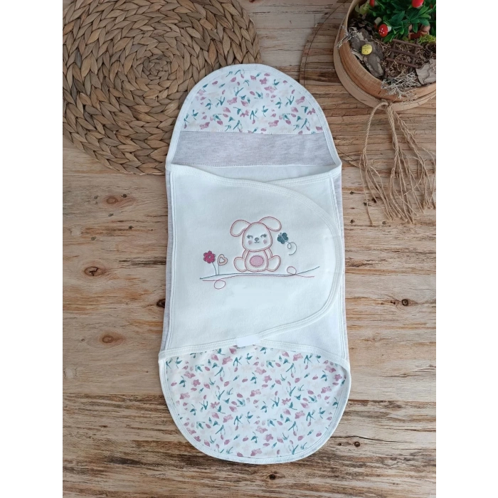 Eterelle Yenidoğan Tavşan Show Nakışlı Çıt Çıt Kapamalı Bebek Kundak Ekru
