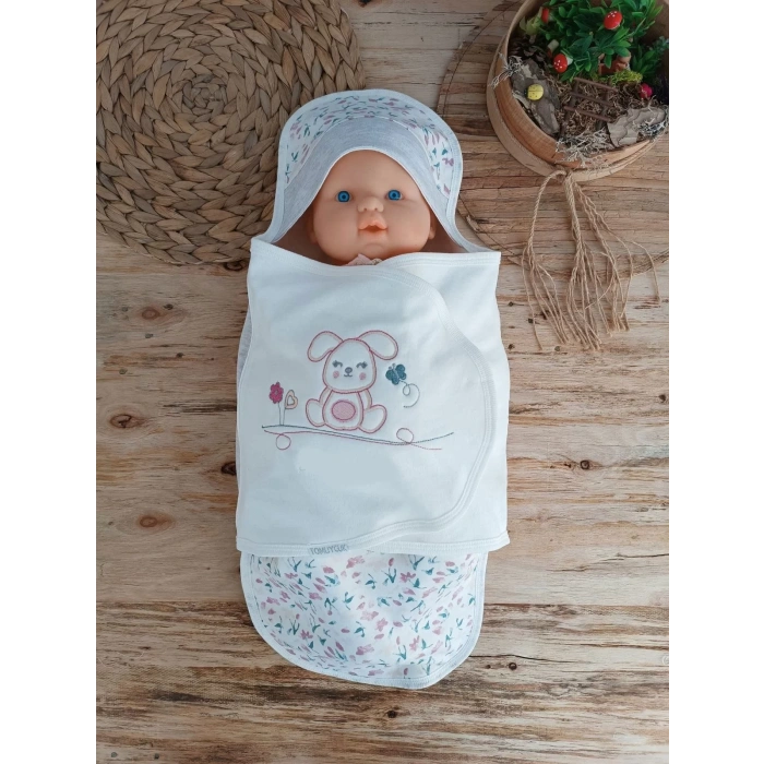 Eterelle Yenidoğan Tavşan Show Nakışlı Çıt Çıt Kapamalı Bebek Kundak Ekru
