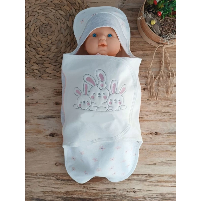 Eterelle Yenidoğan Tavşan Tayfalar Nakışlı Çıt Çıt Kapamalı Bebek Kundak Ekru