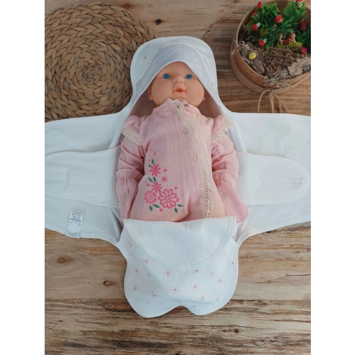 Eterelle Yenidoğan Tavşan Tayfalar Nakışlı Çıt Çıt Kapamalı Bebek Kundak Ekru