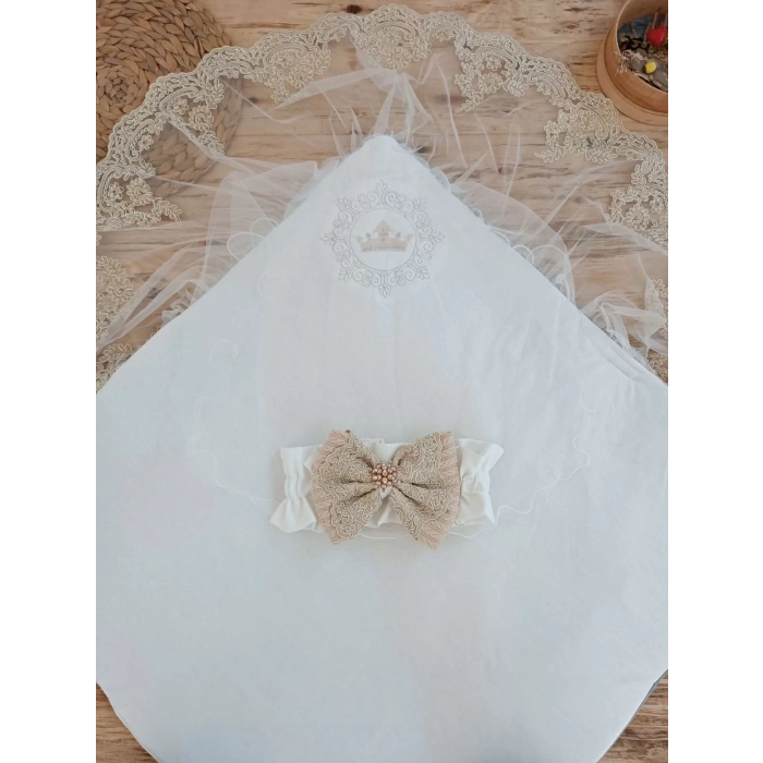 Eterelle Yenidoğan Teri Cotton Taç Nakışlı Prizma Taş Kundak Bebek Battaniyesi Bej