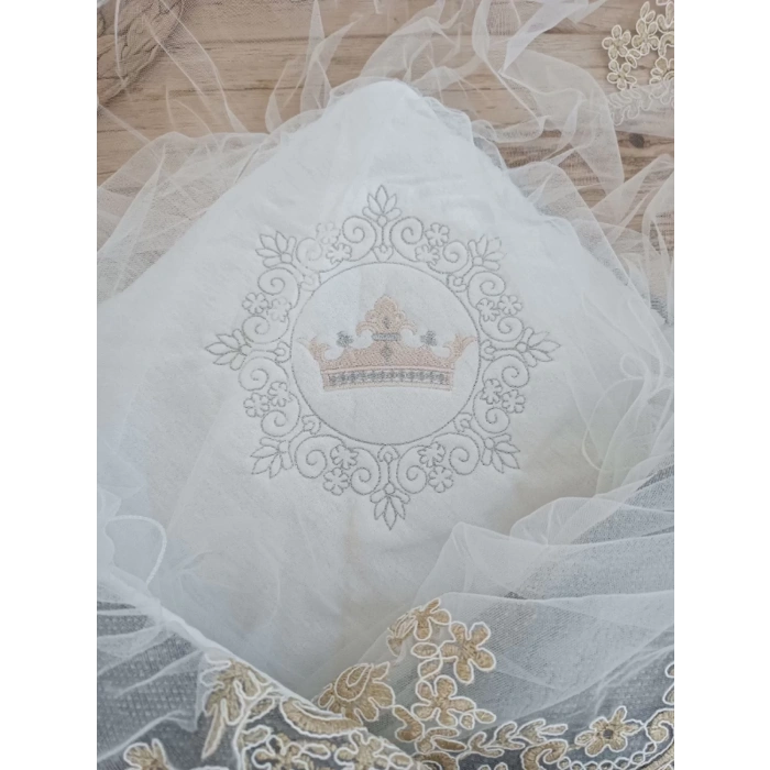 Eterelle Yenidoğan Teri Cotton Taç Nakışlı Prizma Taş Kundak Bebek Battaniyesi Bej