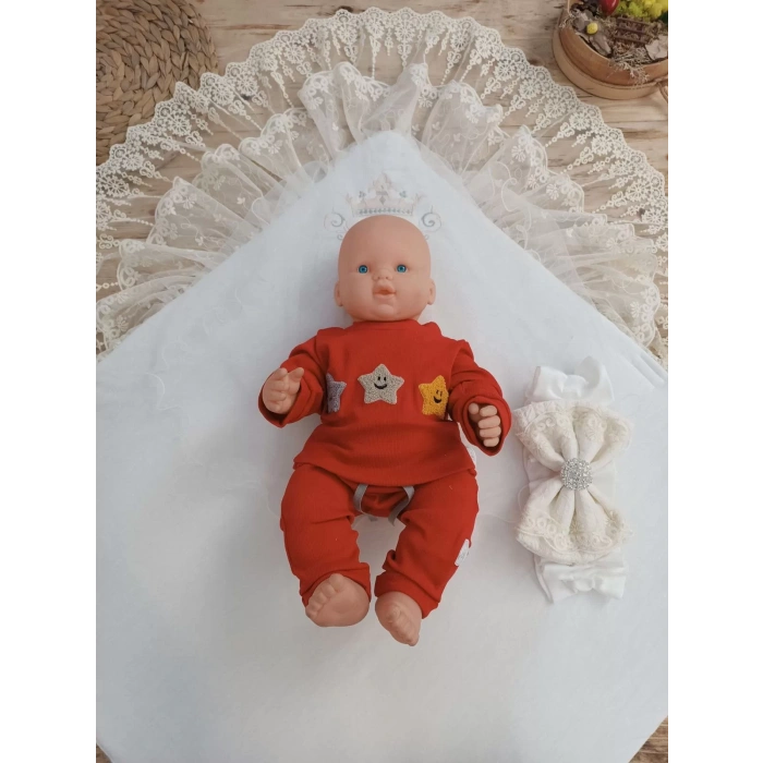 Eterelle Yenidoğan Teri Cotton Taç Nakışlı Prizma Taş Kundak Bebek Battaniyesi Krem