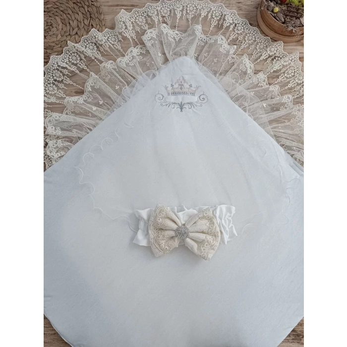 Eterelle Yenidoğan Teri Cotton Taç Nakışlı Prizma Taş Kundak Bebek Battaniyesi Krem