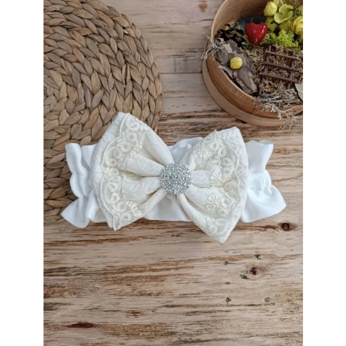 Eterelle Yenidoğan Teri Cotton Taç Nakışlı Prizma Taş Kundak Bebek Battaniyesi Krem