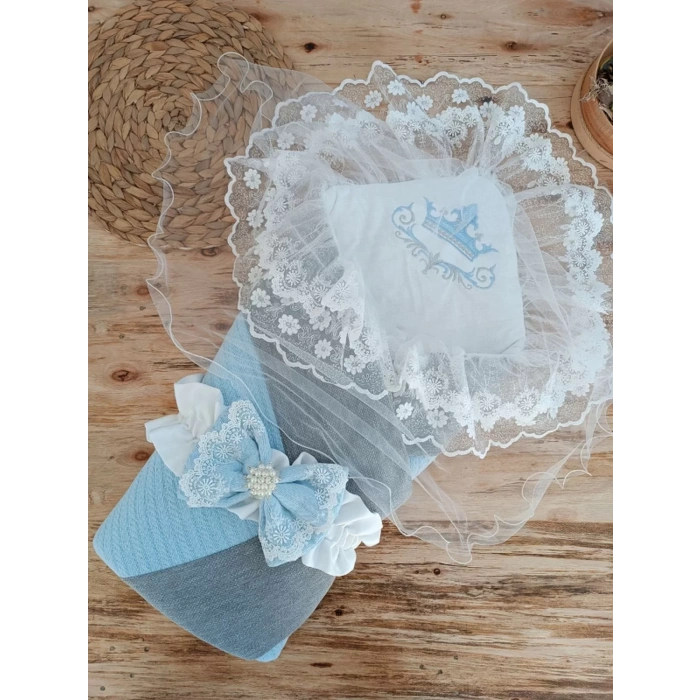 Eterelle Yenidoğan Teri Cotton Taç Nakışlı Prizma Taş Kundak Bebek Battaniyesi Mavi