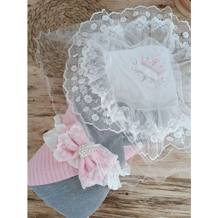 Eterelle Yenidoğan Teri Cotton Taç Nakışlı Prizma Taş Kundak Bebek Battaniyesi Pembe