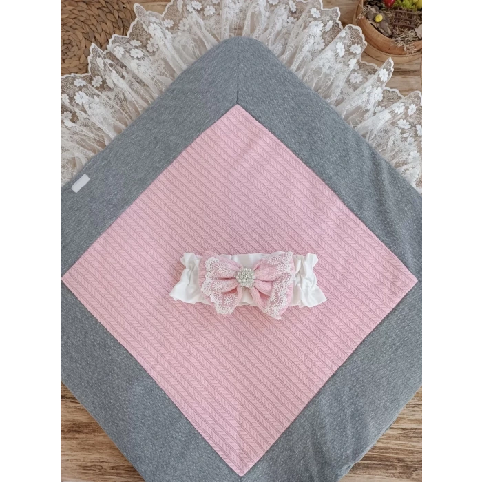 Eterelle Yenidoğan Teri Cotton Taç Nakışlı Prizma Taş Kundak Bebek Battaniyesi Pembe