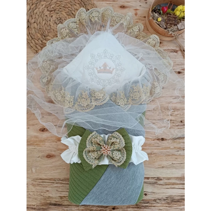 Eterelle Yenidoğan Teri Cotton Taç Nakışlı Prizma Taş Kundak Bebek Battaniyesi Yeşil