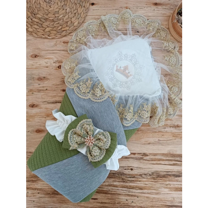 Eterelle Yenidoğan Teri Cotton Taç Nakışlı Prizma Taş Kundak Bebek Battaniyesi Yeşil