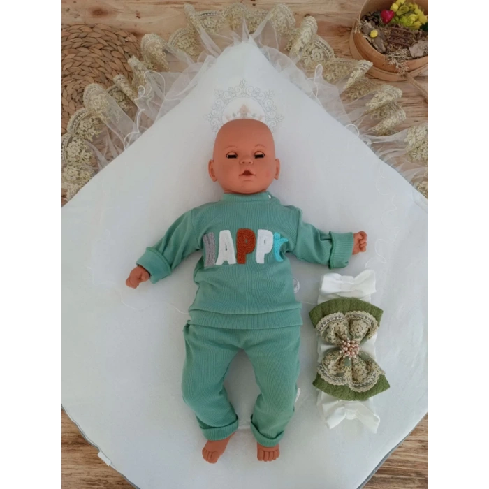 Eterelle Yenidoğan Teri Cotton Taç Nakışlı Prizma Taş Kundak Bebek Battaniyesi Yeşil