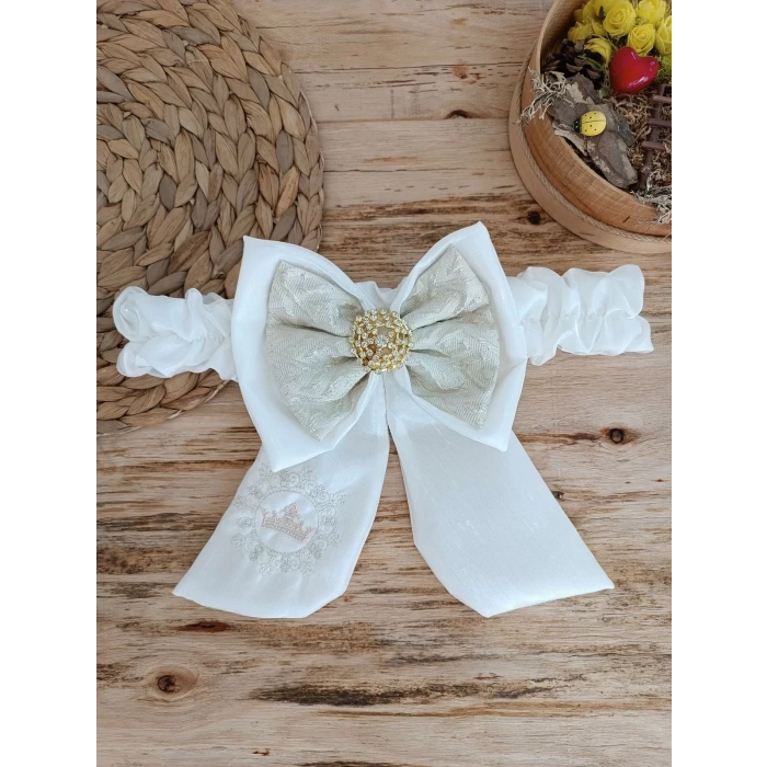 Eterelle Yenidoğan Titi Taç Nakışlı Plazma Taşlı Güpürlü Çift Fiyonk Duvaklı Trilüks Kundak Bebek Battaniyesi Gold