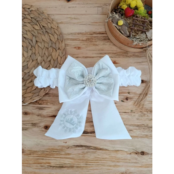 Eterelle Yenidoğan Titi Taç Nakışlı Plazma Taşlı Güpürlü Çift Fiyonk Duvaklı Trilüks Kundak Bebek Battaniyesi Gümüş