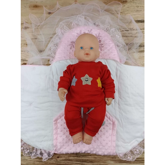 Eterelle Yenidoğan Topçikli Gül Bahçesi Tül Örtülü Kız Erkek Bebek Klasik Kundak Bebek Battaniyesi Pembe