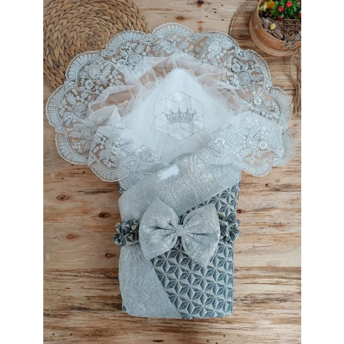 Eterelle Yenidoğan Ultralüks Piramit Desenli Güpürlü Bebek Battaniyesi Kundak Gümüş