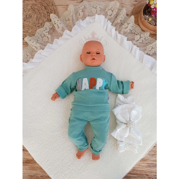 Eterelle Yenidoğan Wool Yün Kumaş Taç Nakışlı Güpür Duvaklı Fiyonk Prizma Taş Unisex Kundak Bebek Battaniyesi Bej