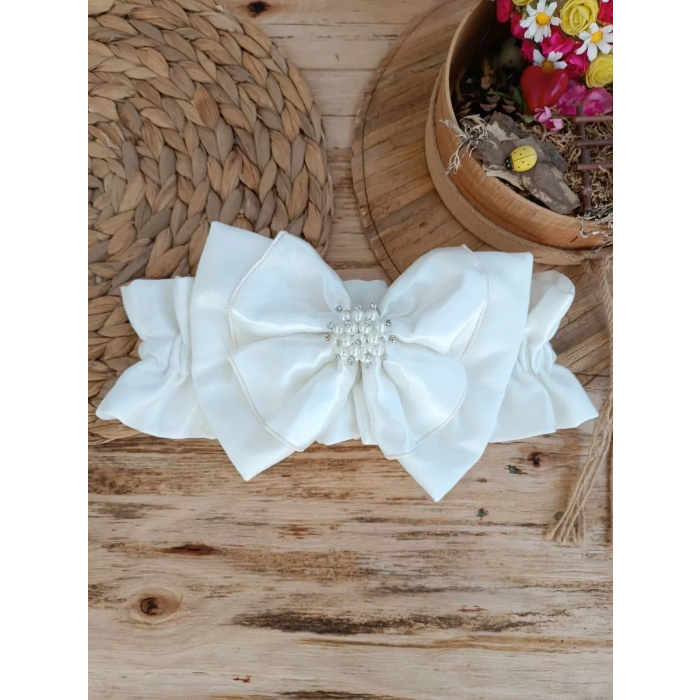 Eterelle Yenidoğan Wool Yün Kumaş Taç Nakışlı Güpür Duvaklı Fiyonk Prizma Taş Unisex Kundak Bebek Battaniyesi Bej