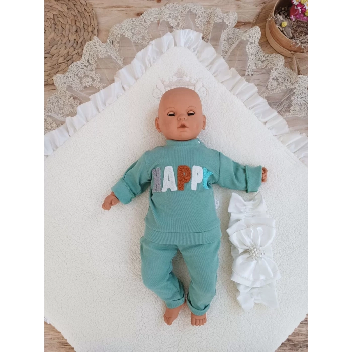 Eterelle Yenidoğan Wool Yün Kumaş Taç Nakışlı Güpür Duvaklı Fiyonk Prizma Taş Unisex Kundak Bebek Battaniyesi Bej