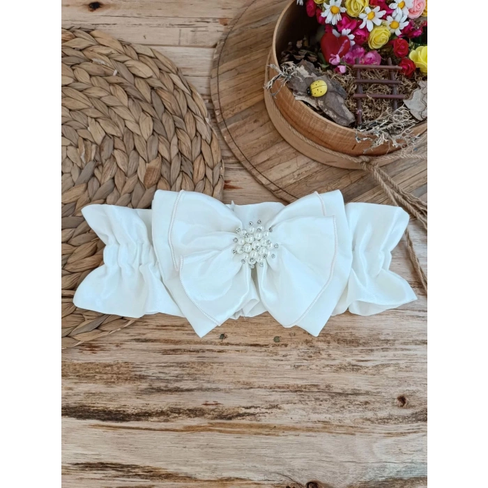 Eterelle Yenidoğan Wool Yün Kumaş Taç Nakışlı Güpür Duvaklı Fiyonk Prizma Taş Unisex Kundak Bebek Battaniyesi Bej