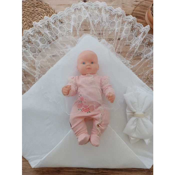 Eterelle Yenidoğan Yakamoz Kumru Model Dantelli Taşlı Fiyonk Bebek Battaniyesi Kundak Ekru