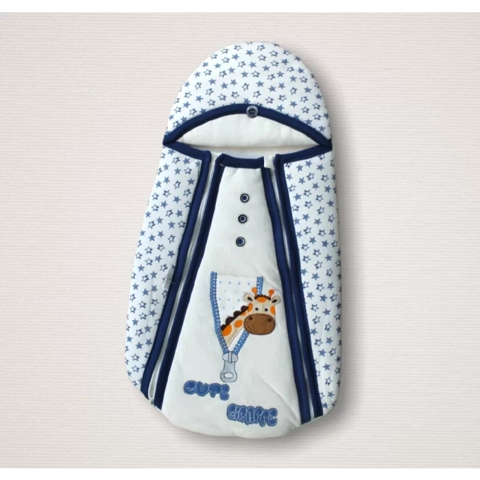 Eterelle Yenidoğan Zürafa Nakışlı Çift Fermuarlı Erkek Kundak Bebek Battaniyesi Mavi