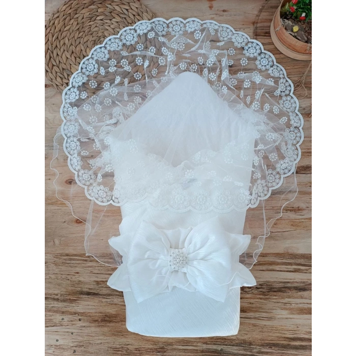 Eterelle Yenidoğan Ay Işığı Papatya Dantelli Taşlı Fiyonk Bebek Battaniyesi Kundak Ekru