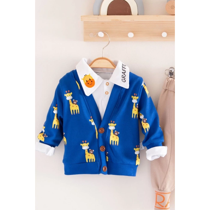 Eterelle Zürafa Desenli Gömlek Yakalı 3lü Erkek Bebek Takımı