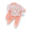 Eterelle 3-6-9-12 Ay Çiçek Baskılı Şapkalı Çıtçıt Kapamalı Patikli 3lü Kız Bebek Takımı Somon