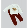 Eterelle 1-2-3 Yaş Mutlu Köpekcik Nakışlı Kuzu Kumaş Sweat Patili Pantolon Uzun Kollu Kız Erkek 2 Li Takımı Bordo