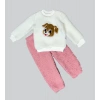 Eterelle 1-2-3 Yaş Mutlu Köpekcik Nakışlı Kuzu Kumaş Sweat Patili Pantolon Uzun Kollu Kız Erkek 2 Li Takımı Gül Kurusu