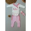 Eterelle 3-6 6-9 9-12 Ay Hello Nakışlı Kruvaze Bandanalı Uzun Kollu Zıbınlı 3lü Kız Bebek Takımı Pembe