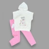 Eterelle 3-4-5 Yaş Kapşonlu Sevimli Kız Baskılı Kısa Kolu 2li Kız Erkek Çocuk Takımı Pembe