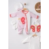 Eterelle Kelebek Nakışlı Puanlı Tulumlu % 100 Pamuk Kız Bebek 5li Set