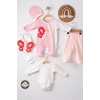 Eterelle Kelebek Nakışlı Puanlı Tulumlu % 100 Pamuk Kız Bebek 5li Set