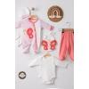 Eterelle Kelebek Nakışlı Puanlı Tulumlu % 100 Pamuk Kız Bebek 5li Set