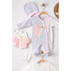 Eterelle Kelebek Nakışlı Tulumlu % 100 Pamuk Kız Bebek 5li Set