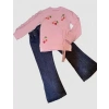 Eterelle 4-5-6 Yaş Kot Pantolonlu Kiraz Desenli Penye Sweat Uzun Kollu 2li Kız Çocuk Takımı Pembe