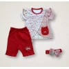 Eterelle 3-6 6-9 9-12 Ay Melek Kız Nakışlı Bandanalı Kısa Kollu Sweatli Şortlu 3lü Kız Bebek Takımı Kırmızı