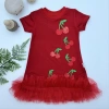 Eterelle 1-2-3 Yaş Payetli Kiraz Nakışlı Eteği Fırfırlı Jile Kız Çocuk Elbisesi Kırmızı