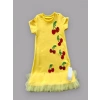 Eterelle 1-2-3 Yaş Payetli Kiraz Nakışlı Eteği Fırfırlı Jile Kız Çocuk Elbisesi Sarı