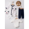 Eterelle Puanlı Ayıcık Nakışlı Tulumlu % 100 Pamuk Erkek Bebek 5li Set