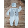 Eterelle 0-3 3-6 6-9 Ay Şapkalı Yelek Detaylı Boydan Çıtçıt Erkek Bebek Tulumu Ekru