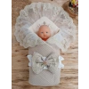Eterelle Yenidoğan Kuzulu Taç Nakış Güpürlü Fiyonklu Duvaklı Prizma Taş Unisex Kundak Bebek Battaniyesi Bej
